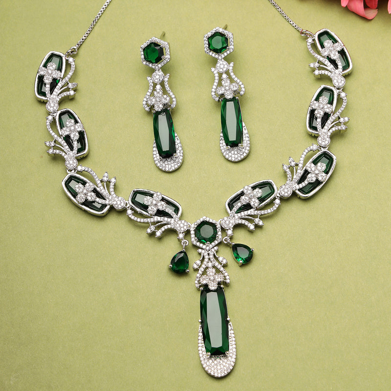 Rhodium Plated Silver Toned Emerald American Diamond Studded Necklace Set