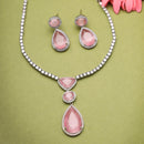 Rhodium Plated Silver Toned Teardrop Shaped Rose Pink American Diamond Studded Necklace Set