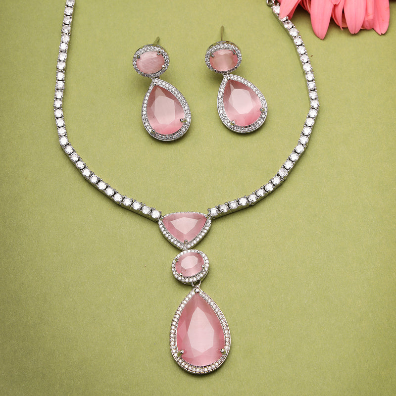 Rhodium Plated Silver Toned Teardrop Shaped Rose Pink American Diamond Studded Necklace Set