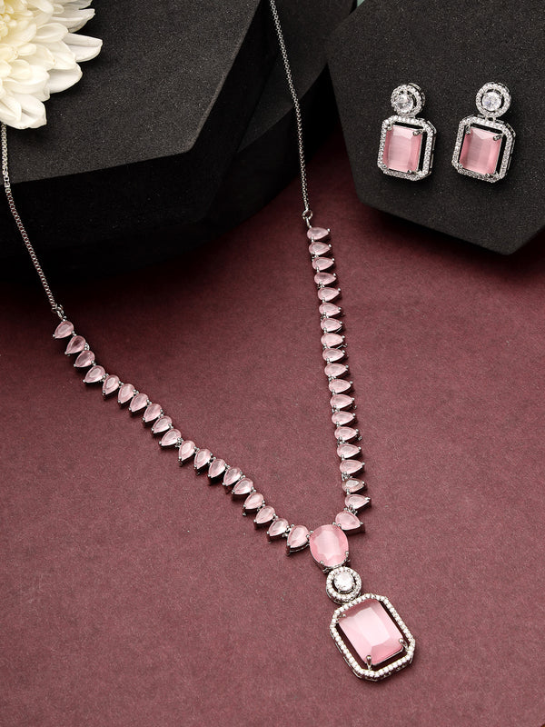 Rhodium Plated with Unique Design Necklace & Pink American Diamond Studded Necklace Set