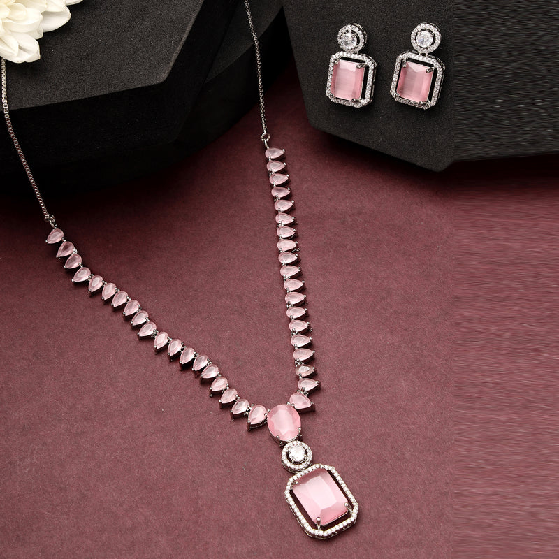 Rhodium Plated Silver Toned Pink American Diamond Studded Jewellery Set