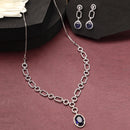 Rhodium Plated Silver Toned Royal Blue American Diamond Studded Jewellery Set