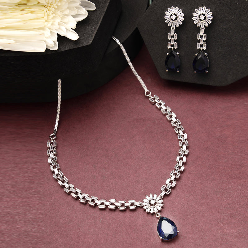 Rhodium Plated Royal Blue White American Diamond Stone Studded Jewellery Set
