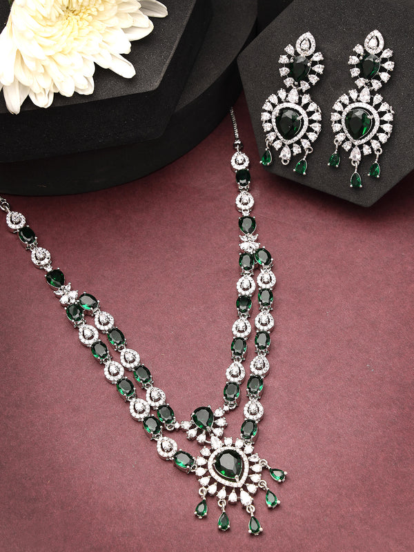 Rhodium Plated with Emerald Green American Diamonds Stone Studded Necklace Set