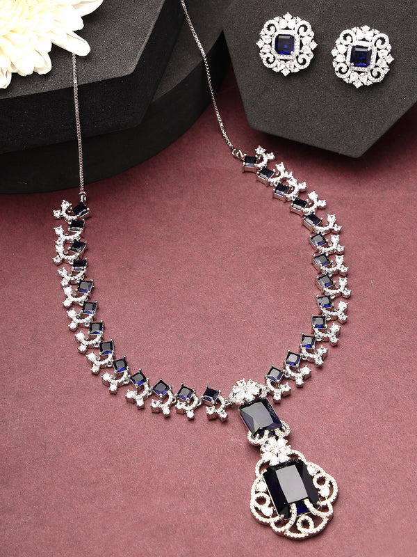 Rhodium Plated with Blue American Diamond Studded Maharani Design Necklace Set