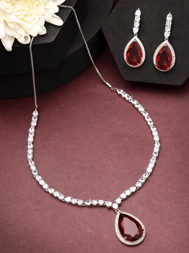 Rhodium Plated with Teardrop Shaped Red American Diamond Studded Necklace Set