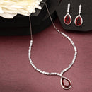 Rhodium Plated with Teardrop Shaped Red American Diamond Studded Necklace Set