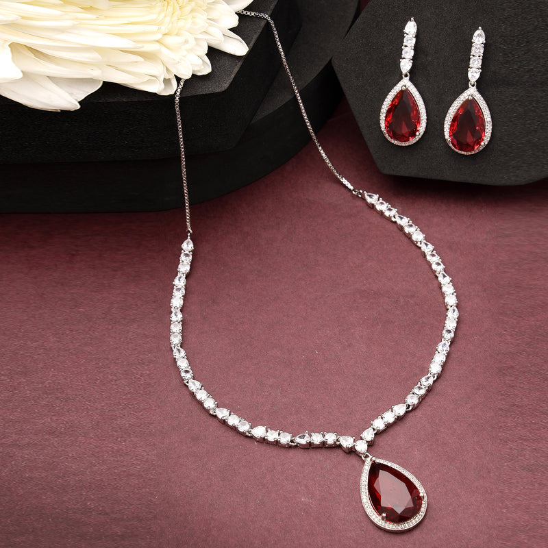 Rhodium Plated with Teardrop Shaped Red American Diamond Studded Necklace Set