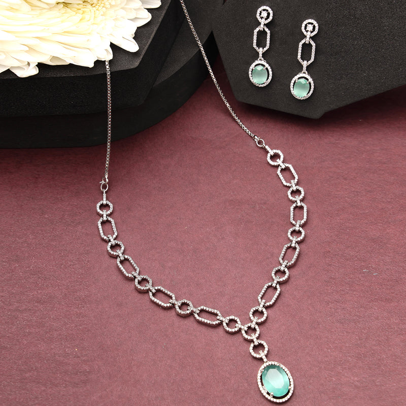 Rhodium Plated Silver Toned Sea Green American Diamond Studded Jewellery Set