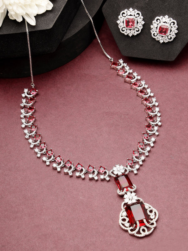 Rhodium Plated with Red American Diamond Studded Maharani Design Necklace Set