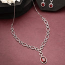 Rhodium Plated Silver Toned Red American Diamond Studded Jewellery Set