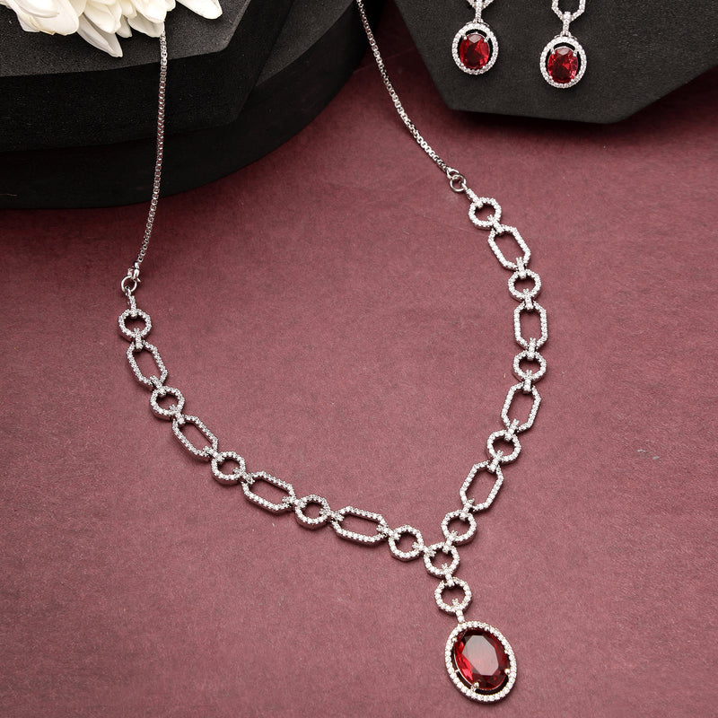 Rhodium Plated Silver Toned Red American Diamond Studded Jewellery Set