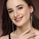 Rhodium Plated Chain Fringe Red American Diamond Contemporary Long Drop Earrings