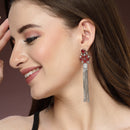 Rhodium Plated Chain Fringe Red American Diamond Contemporary Long Drop Earrings