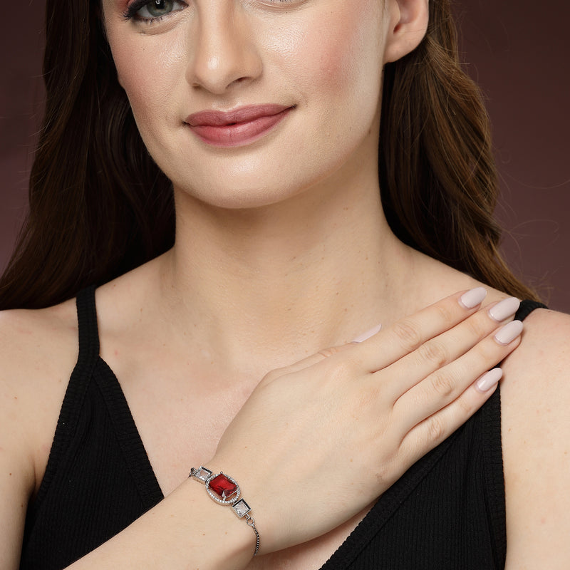 Rhodium Plated Silver Toned Rectangular Ruby Red American Diamond Studded Bracelet