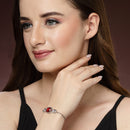 Rhodium Plated Silver Toned Rectangular Ruby Red American Diamond Studded Bracelet