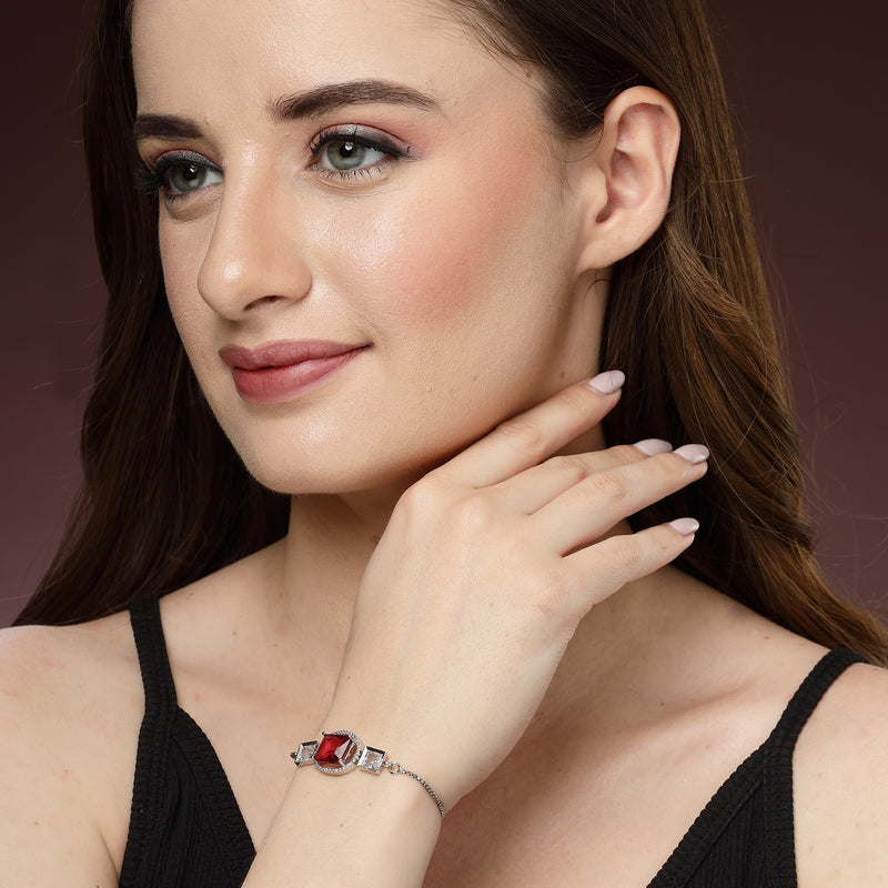 Rhodium Plated Silver Toned Rectangular Ruby Red American Diamond Studded Bracelet