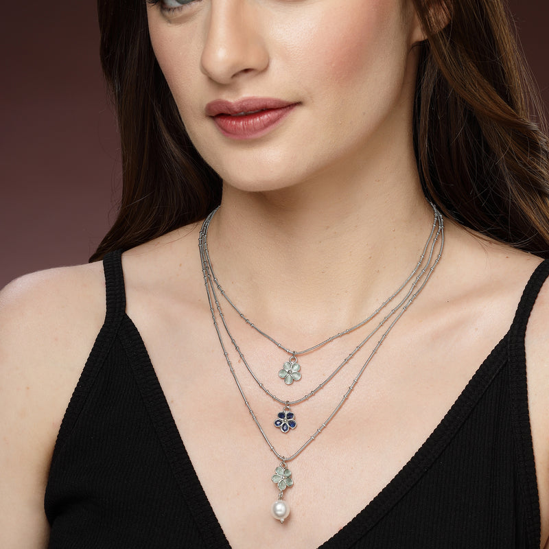 Oxidized  Pearl & Sea Green Stones Studded 3 Layered Necklace
