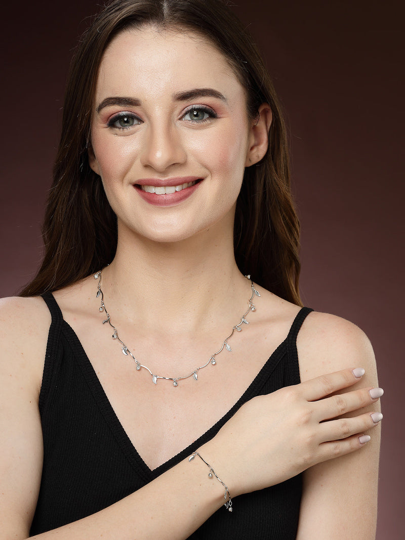 Rhodium Plated with Delicate Leaf & White Cubic Zirconia Studded Jewellery  Set