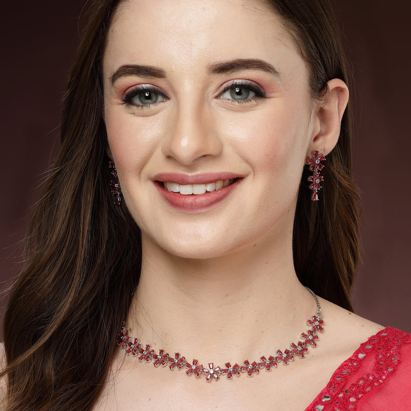 Rhodium Plated Silver Toned Pink American Diamond Studded Necklace Set