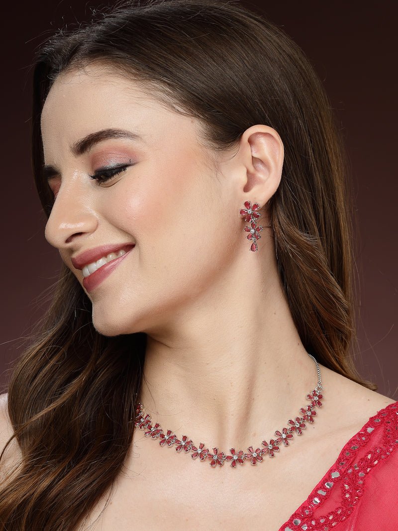 Rhodium Plated with Pink American Diamond Studded Floral Design Necklace Set