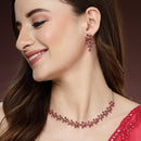 Rhodium Plated Silver Toned Pink American Diamond Studded Necklace Set