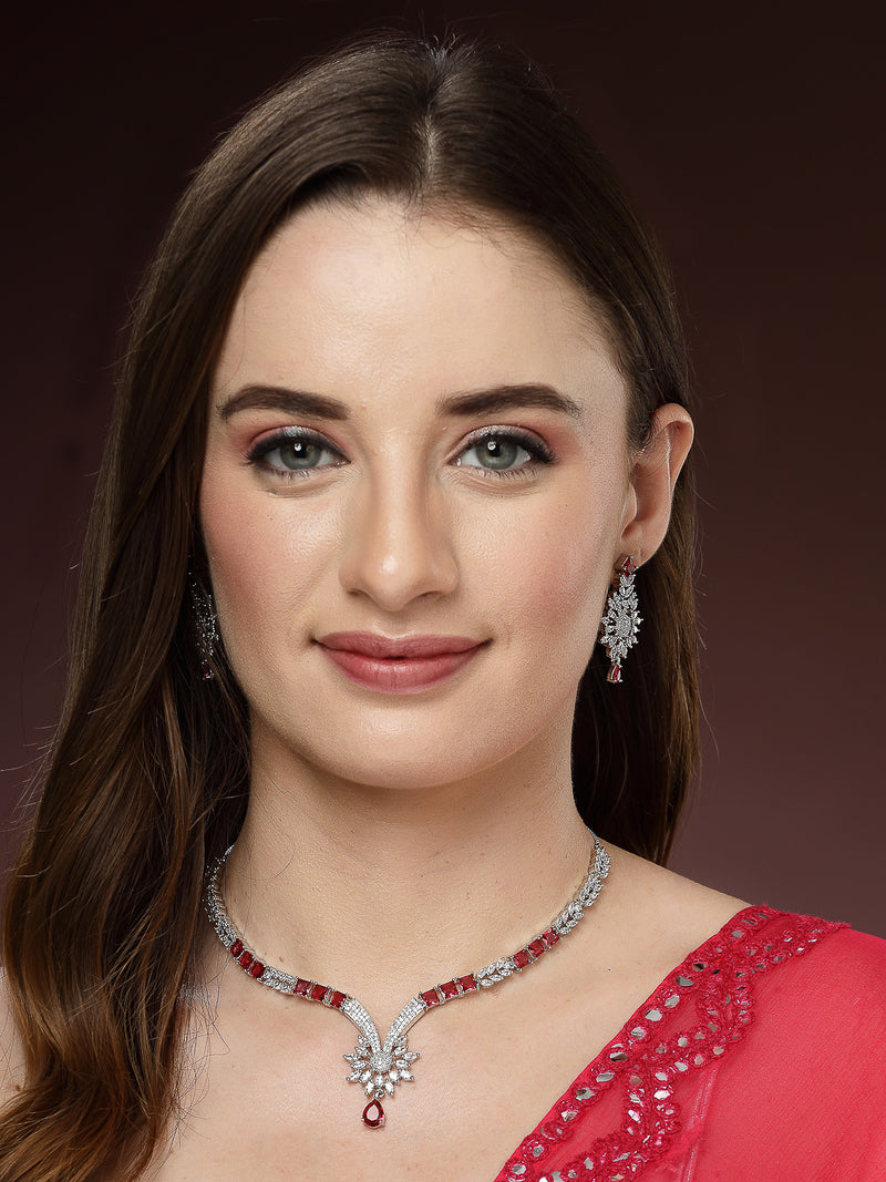 Rhodium Plated with Red American Diamond Studded Floral Design & Curved Shaped Necklace Set