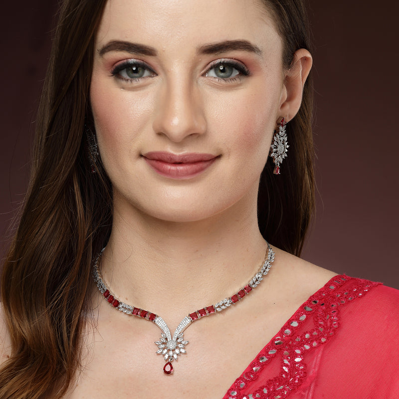 Rhodium Plated Silver Toned  Red American Diamond Studded Jewellery Set