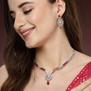 Rhodium Plated Silver Toned  Red American Diamond Studded Jewellery Set