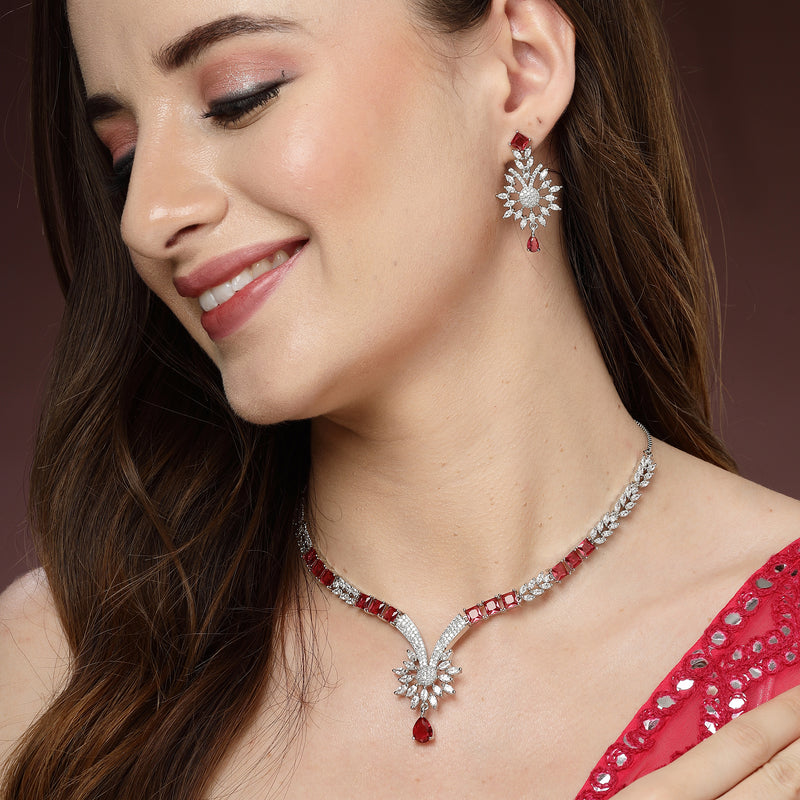 Rhodium Plated Silver Toned  Red American Diamond Studded Jewellery Set