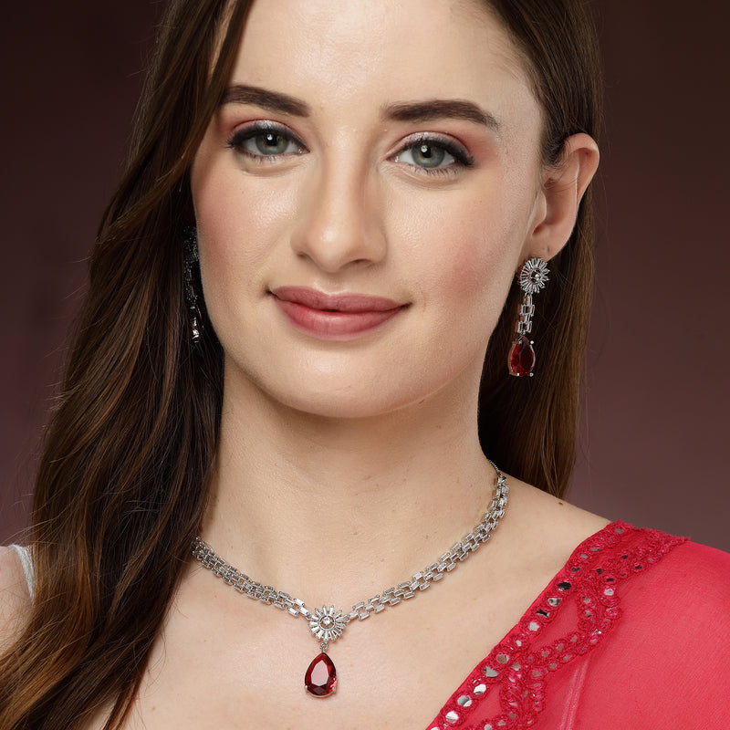 Rhodium Plated Silver Toned Teardrop Shaped Ruby American Diamond Studded Necklace Set