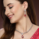 Rhodium Plated Silver Toned Teardrop Shaped Ruby American Diamond Studded Necklace Set