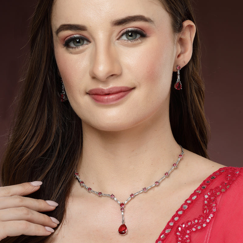 Rhodium Plated Silver Toned Teardrop Style Red American Diamond Studded Jewellery Set