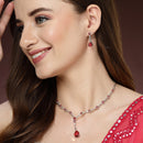 Rhodium Plated Silver Toned Teardrop Style Red American Diamond Studded Jewellery Set