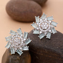 Rhodium-Plated Sea Green & White American Diamond studded Floral Shaped Handcrafted Stud Earrings