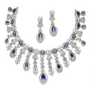 Rhodium-Plated Navy Blue American Diamond Studded Teardrop Tasselled Necklace & Earrings Jewellery Set