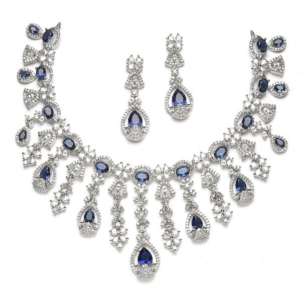 Rhodium-Plated Navy Blue American Diamond Studded Teardrop Tasselled Necklace & Earrings Jewellery Set