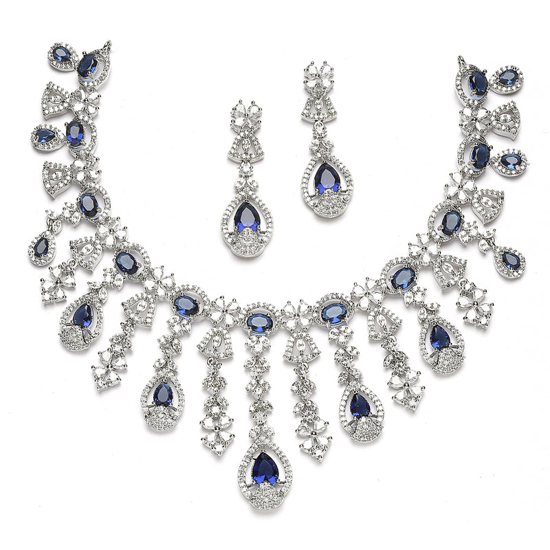 Rhodium-Plated Navy Blue American Diamond Studded Teardrop Tasselled Necklace & Earrings Jewellery Set