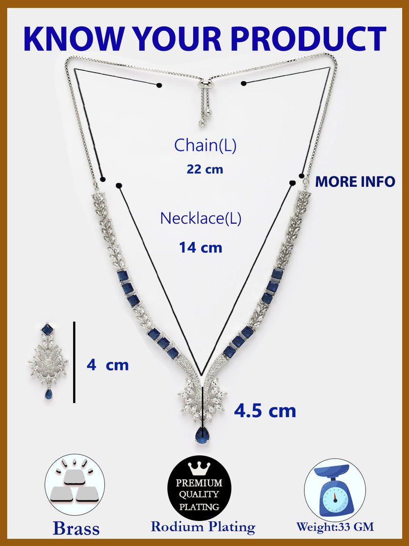 Rhodium Plated with Blue American Diamond Studded Floral Design & Curved Shaped Necklace Set