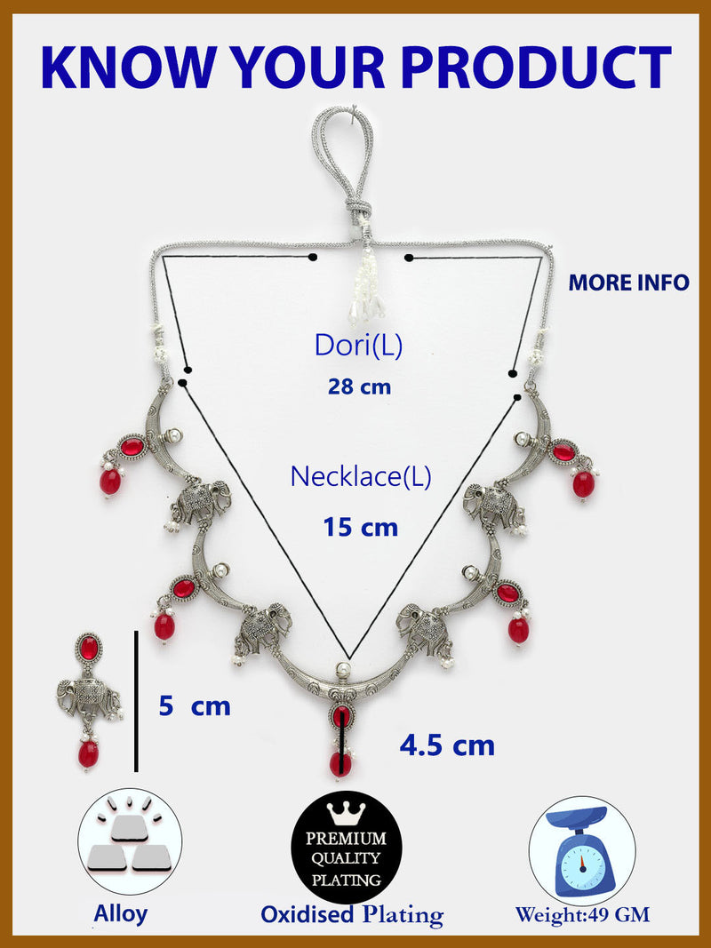 Oxidized Plated with Red Pearl & Stone Studded Necklace Set