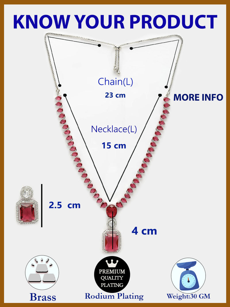 Rhodium Plated with Unique Design Necklace & Red American Diamond Studded Necklace Set