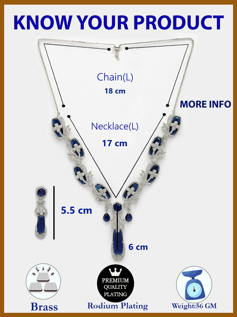 Rhodium Plated with Elegant Blue American Diamond Studded Necklace Set