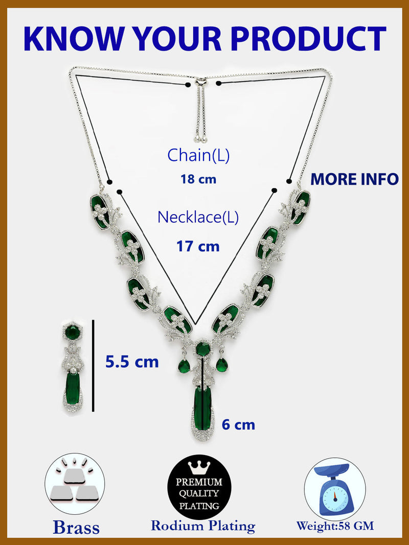 Rhodium Plated Silver Toned Emerald American Diamond Studded Necklace Set
