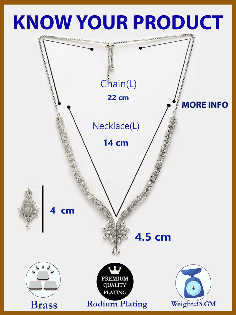 Rhodium Plated with White American Diamond Studded Floral Design & Curved Shaped Necklace Set