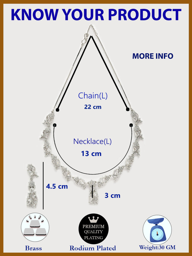 Rhodium Plated Silver Toned White American Diamond Studded Jewellery Set