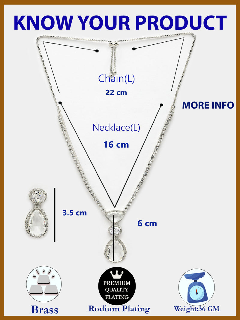 Rhodium Plated Triangular & Teardrop Shaped American Diamond Studded Necklace Set