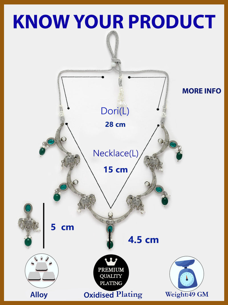 Oxidized Plated Green & Blue with Pearl & Stone Studded Necklace Set