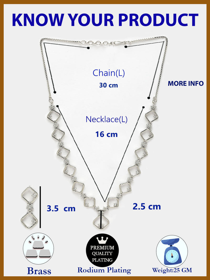 Rhodium Plated with Square Star Design & White American Diamond Stone Studded Jewellery Set