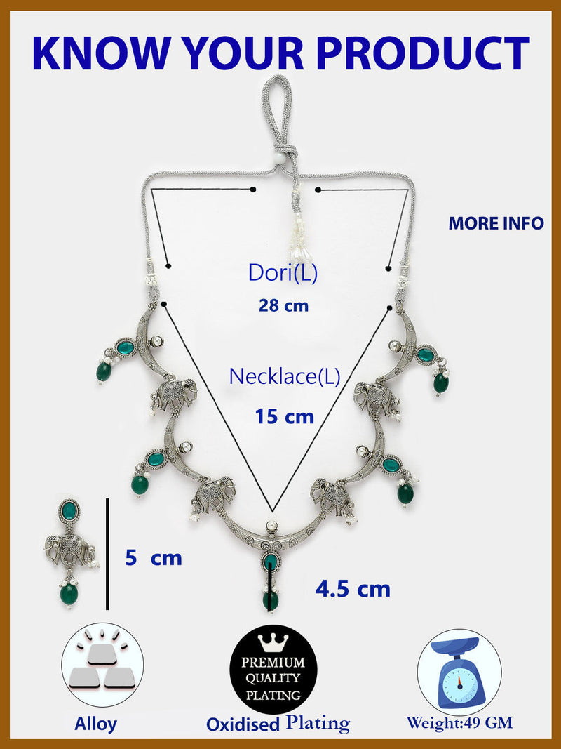 Oxidized Plated Green & Blue with Pearl & Stone Studded Jewellery Set