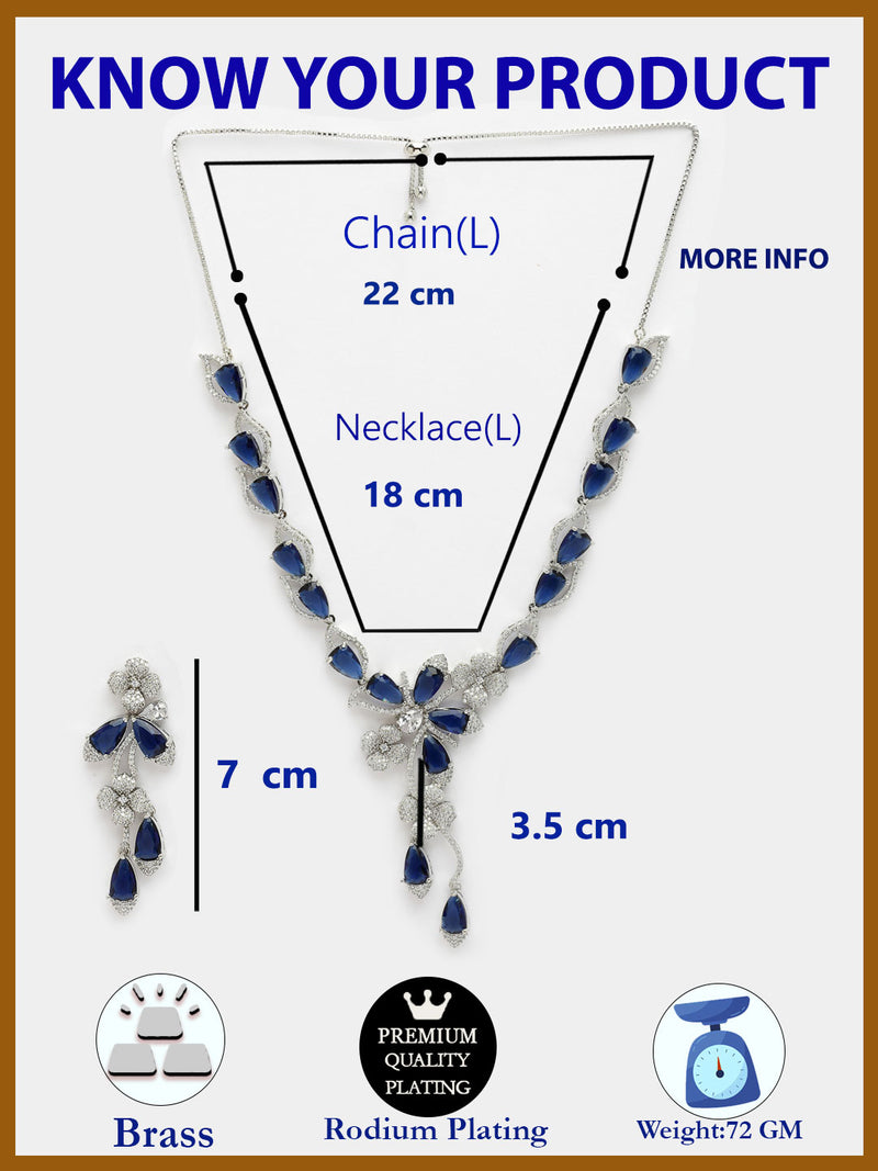 Rhodium Plated with Blue & White American Diamond Studded Floral Design Necklace